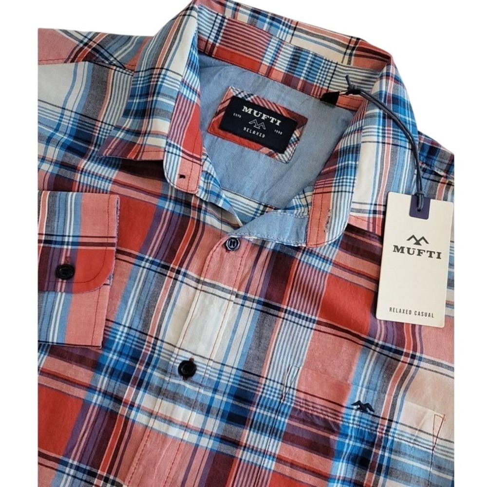 Mufti Mens XL Relaxed Casual Plaid Button Down Shirt Long Sleeve Red Blue White
